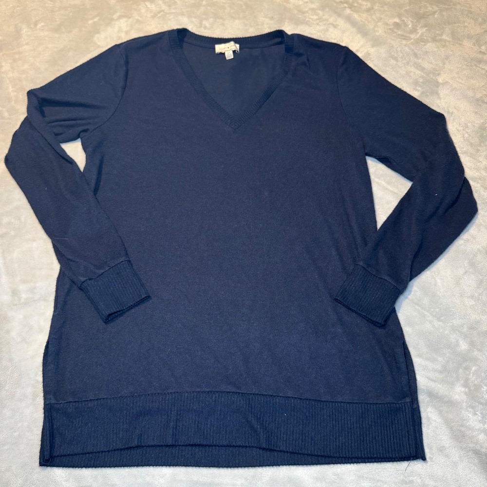 Lucky Brand Women's Navy Blue V-Neck Tunic Sweater Long Sleeve Small Side Slit